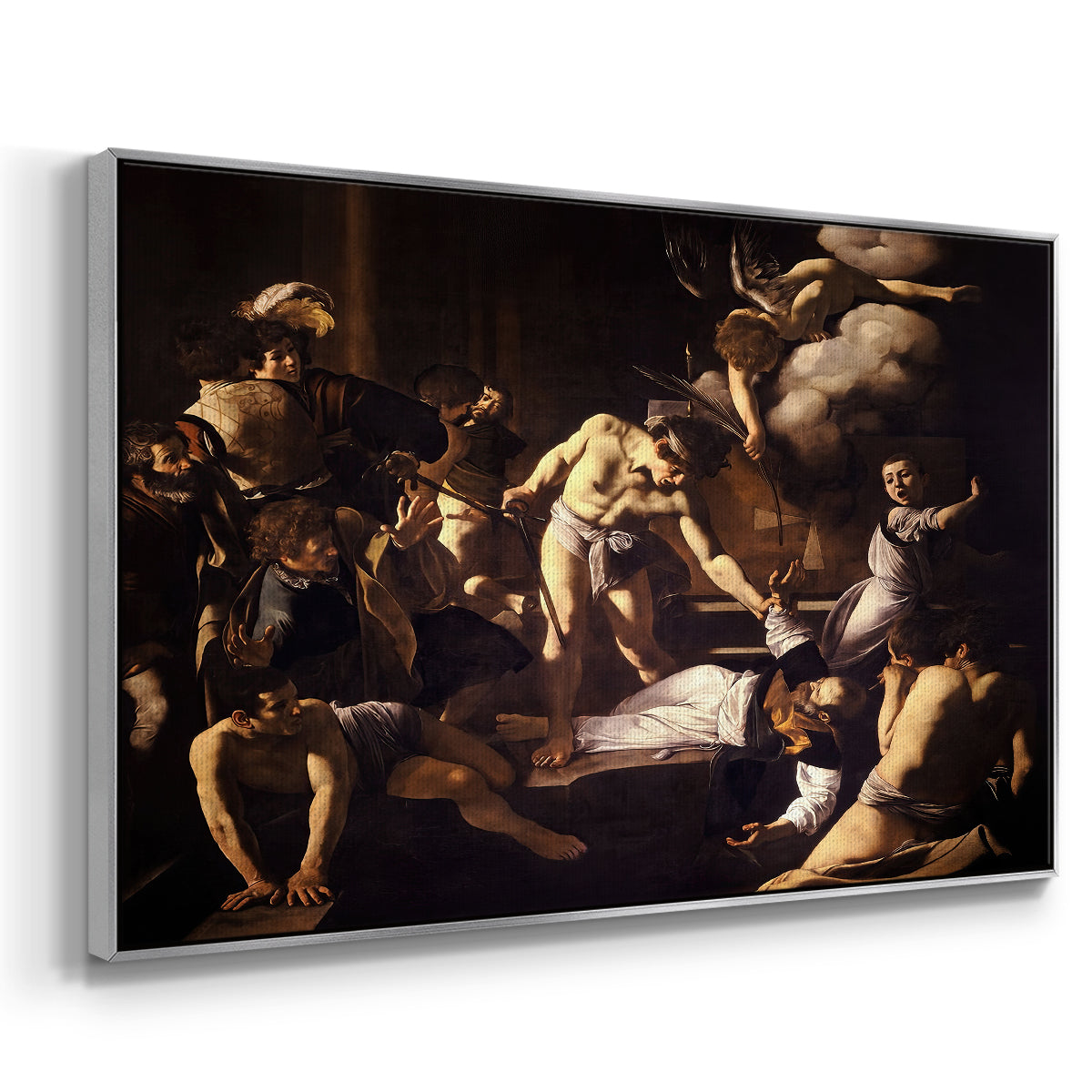 Angled view of The Martyrdom of Saint Matthew, 1599-1600 by Caravaggio in a silver floater framed canvas.