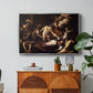The Martyrdom of Saint Matthew, 1599-1600 by Caravaggio in a silver floater framed canvas featuring a chaotic scene of Saint Matthew being attacked by executioner in church, displayed above a wood console cabinet.