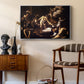 The Martyrdom of Saint Matthew, 1599-1600 by Caravaggio as a silver floater framed canvas featuring a religious narrative showing violent attack on saint in crowded setting, styled above a mid-century console in a contemporary living area.