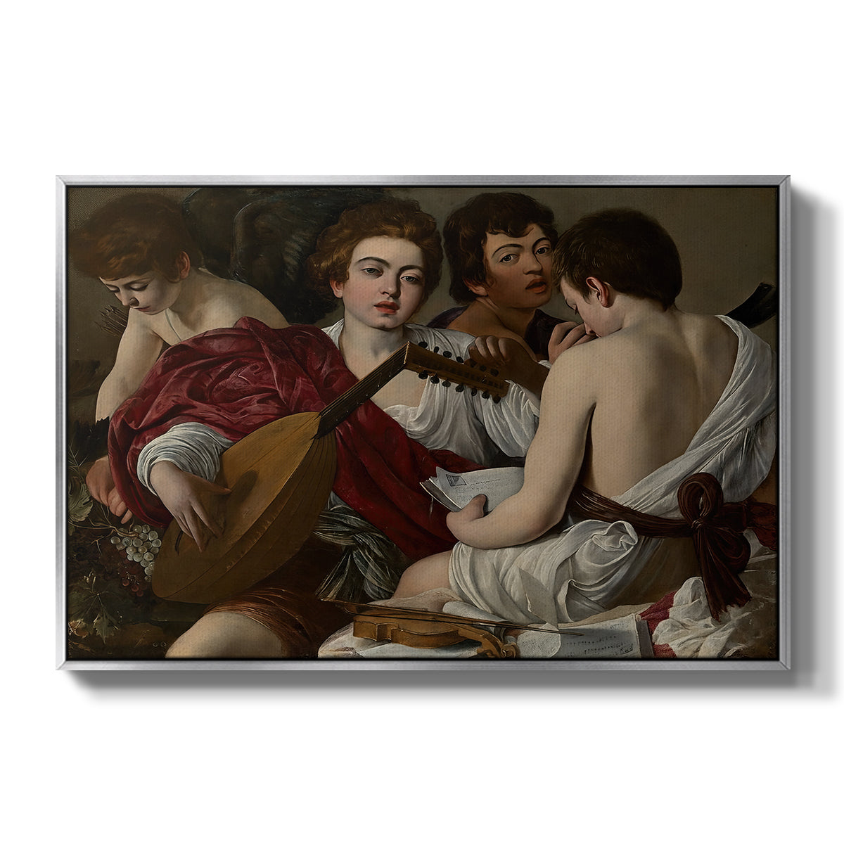 The Musicians, c. 1595 by Caravaggio in a silver floater framed canvas wall art display.