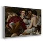 Angled view of The Musicians, c. 1595 by Caravaggio in a silver floater framed canvas.