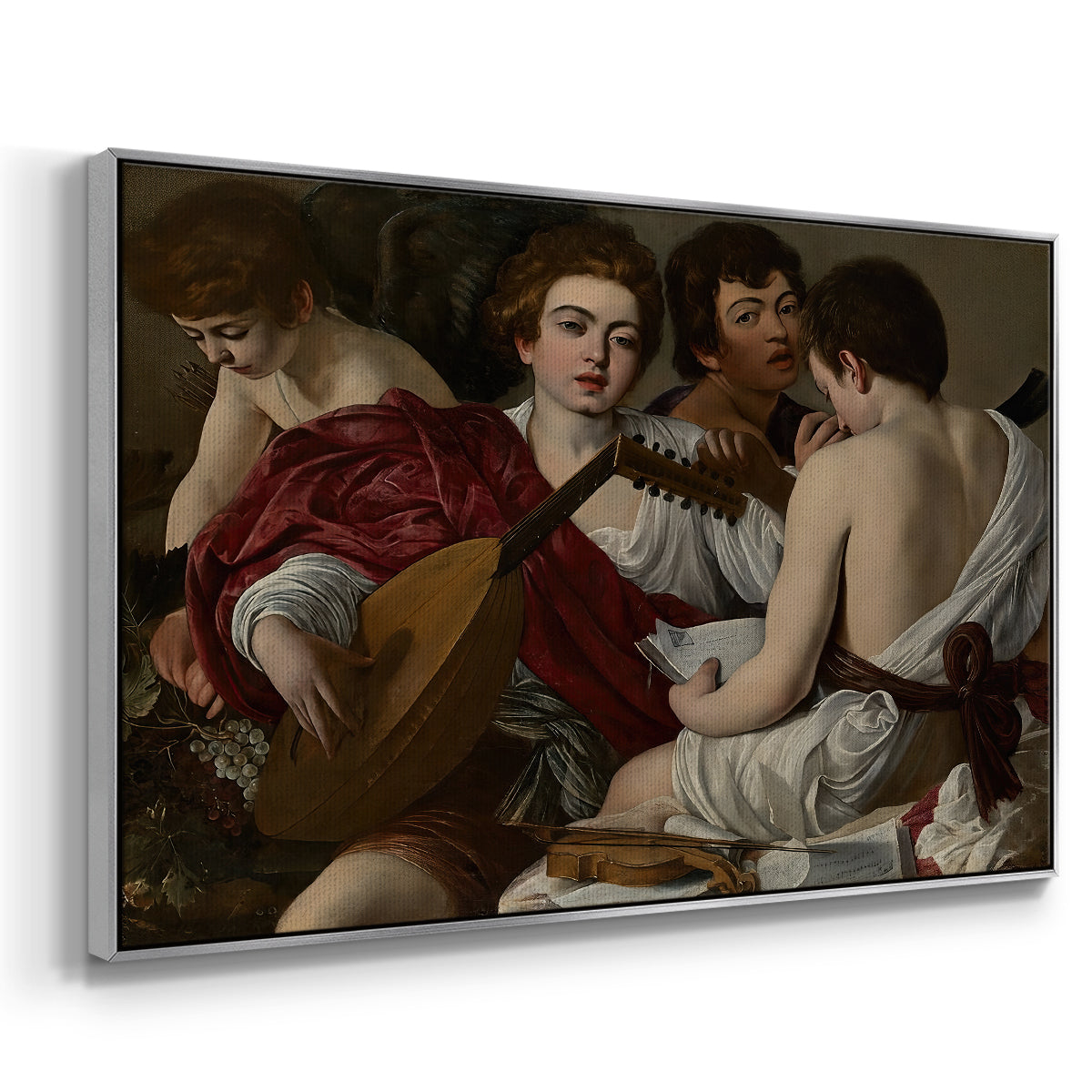 Angled view of The Musicians, c. 1595 by Caravaggio in a silver floater framed canvas.