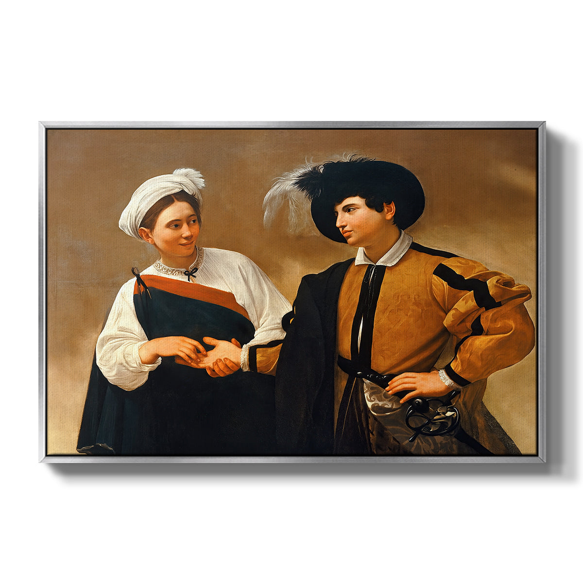 The Fortune Teller (Capitoline Version), c. 1599 by Caravaggio in a silver floater framed canvas wall art display.