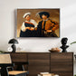 The Fortune Teller (Capitoline Version), c. 1599 by Caravaggio displayed in a silver floater framed canvas above a dark wood credenza in an entryway.