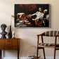 Judith Beheading Holofernes, c. 1599 by Caravaggio as a silver floater framed canvas featuring an intense moment of Judith slaying Holofernes with sword, styled above a mid-century console in a contemporary living area.