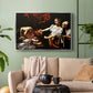 Silver floater framed canvas featuring a violent religious narrative with strong contrast of light and shadow, displayed above a sofa in a modern living room.