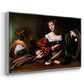 Angled view of Martha and Mary Magdalene, c. 1598 by Caravaggio in a silver floater framed canvas.
