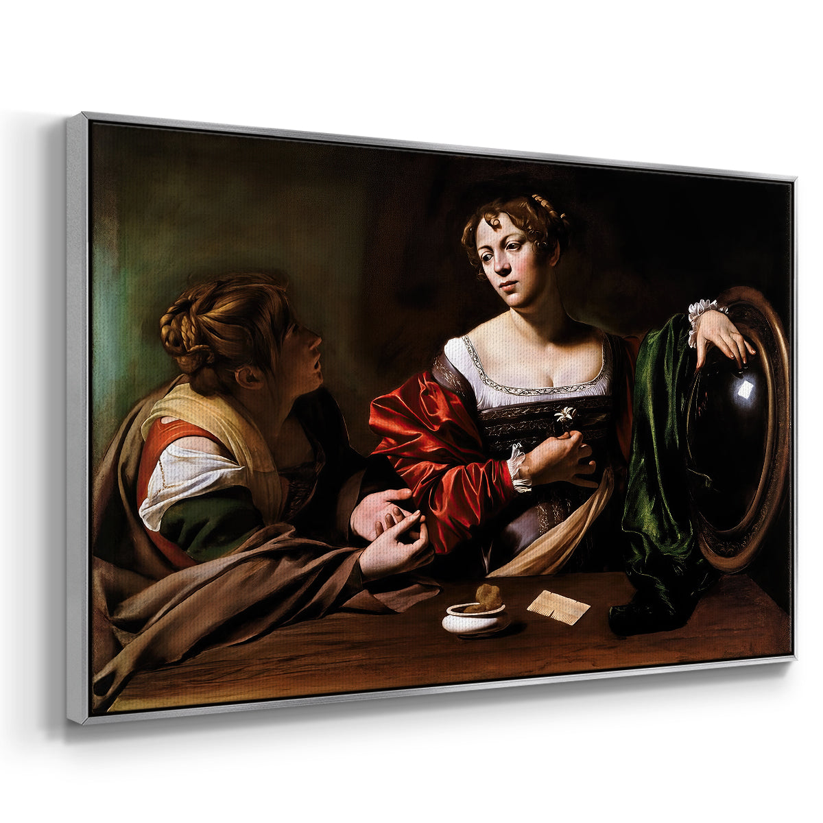 Angled view of Martha and Mary Magdalene, c. 1598 by Caravaggio in a silver floater framed canvas.