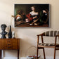 Martha and Mary Magdalene, c. 1598 by Caravaggio as a silver floater framed canvas featuring an intimate interaction between two women with mirror and objects, styled above a mid-century console in a contemporary living area.
