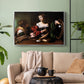 Silver floater framed canvas featuring a religious interior scene with figures engaged in thoughtful dialogue, displayed above a sofa in a modern living room.