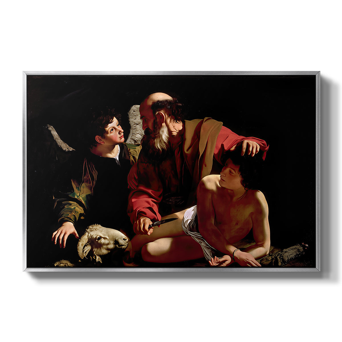 The Sacrifice of Isaac (Uffizi Version), c. 1603 by Caravaggio in a silver floater framed canvas wall art display.