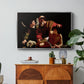 The Sacrifice of Isaac (Uffizi Version), c. 1603 by Caravaggio in a silver floater framed canvas featuring Abraham holding Isaac while angel intervenes to stop the sacrifice, displayed above a wood console cabinet.