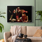 Silver floater framed canvas featuring an intense religious narrative with figures in close physical struggle, displayed above a sofa in a modern living room.