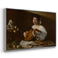 Angled view of The Lute Player (Hermitage Version), c. 1596 by Caravaggio in a silver floater framed canvas.