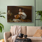 Silver floater framed canvas featuring a Baroque depiction of musician with detailed textures and lighting, displayed above a sofa in a modern living room.