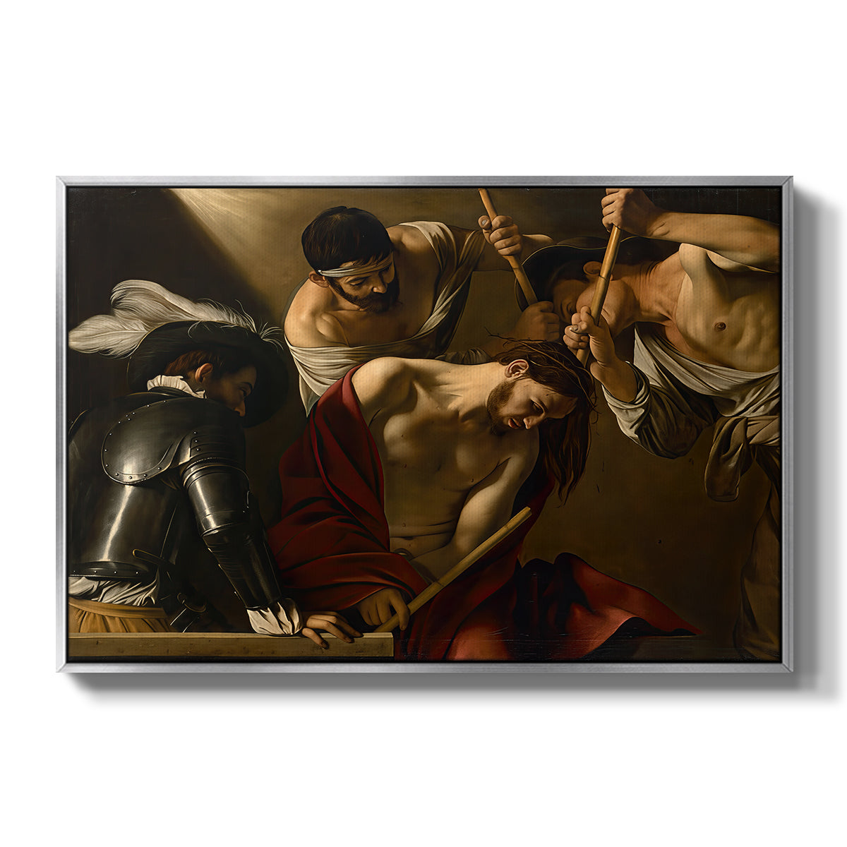 The Crowning with Thorns (Vienna Version), c. 1602-1604 by Caravaggio in a silver floater framed canvas wall art display.
