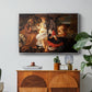 Rest on the Flight into Egypt, c. 1597 by Caravaggio in a silver floater framed canvas featuring the Holy Family resting in landscape with angel playing violin, displayed above a wood console cabinet.