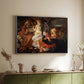 Silver floater framed canvas of Rest on the Flight into Egypt, c. 1597 by Caravaggio, featuring a biblical scene of Mary, Joseph, and infant resting with angel musician above a sideboard in a softly lit hallway.