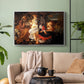 Silver floater framed canvas featuring a Baroque landscape with angel playing music for resting travelers, displayed above a sofa in a modern living room.