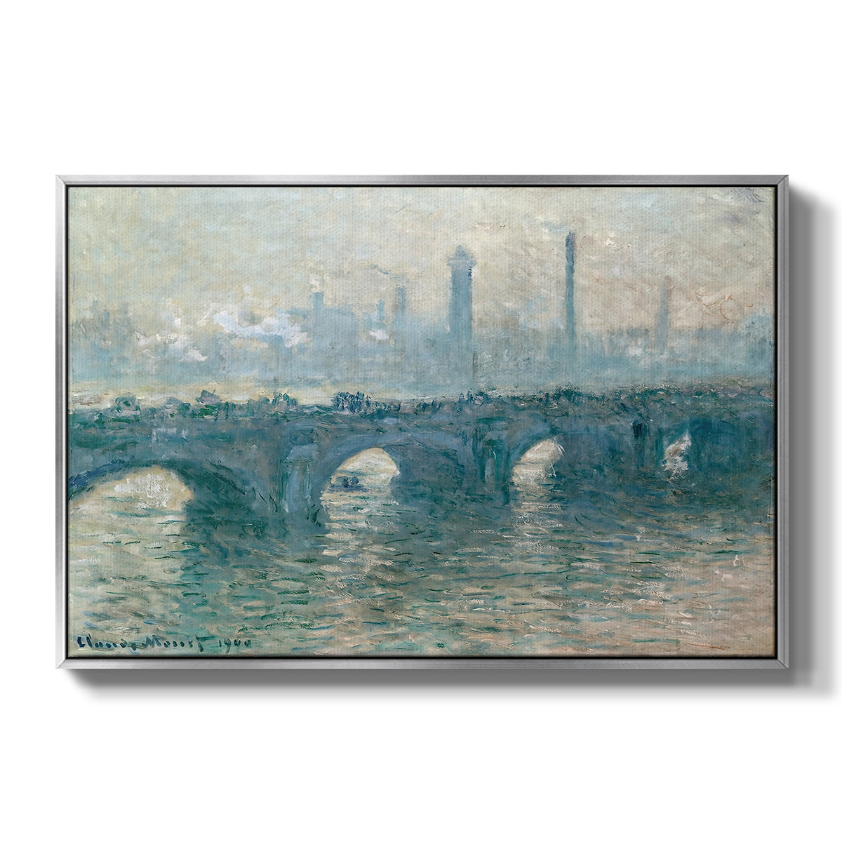 Waterloo Bridge, Gray Weather, 1900 by Claude Monet in a silver floater framed canvas wall art display.