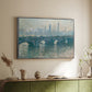 Silver floater framed canvas of Waterloo Bridge, Gray Weather, 1900 by Claude Monet, featuring an impressionist cityscape with bridge fading into fog over water above a sideboard in a softly lit hallway.