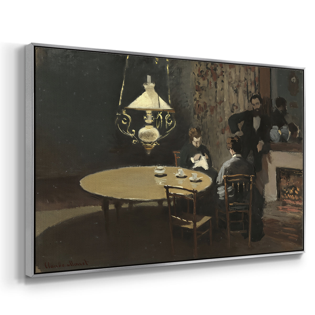 Angled view of Interior, after Dinner, 1868-1869 by Claude Monet in a silver floater framed canvas.