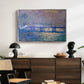 Charing Cross Bridge, 1903 by Claude Monet displayed in a silver floater framed canvas above a dark wood credenza in an entryway.