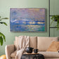 Silver floater framed canvas featuring a city bridge scene softened by mist and impressionist brushwork, displayed above a sofa in a modern living room.