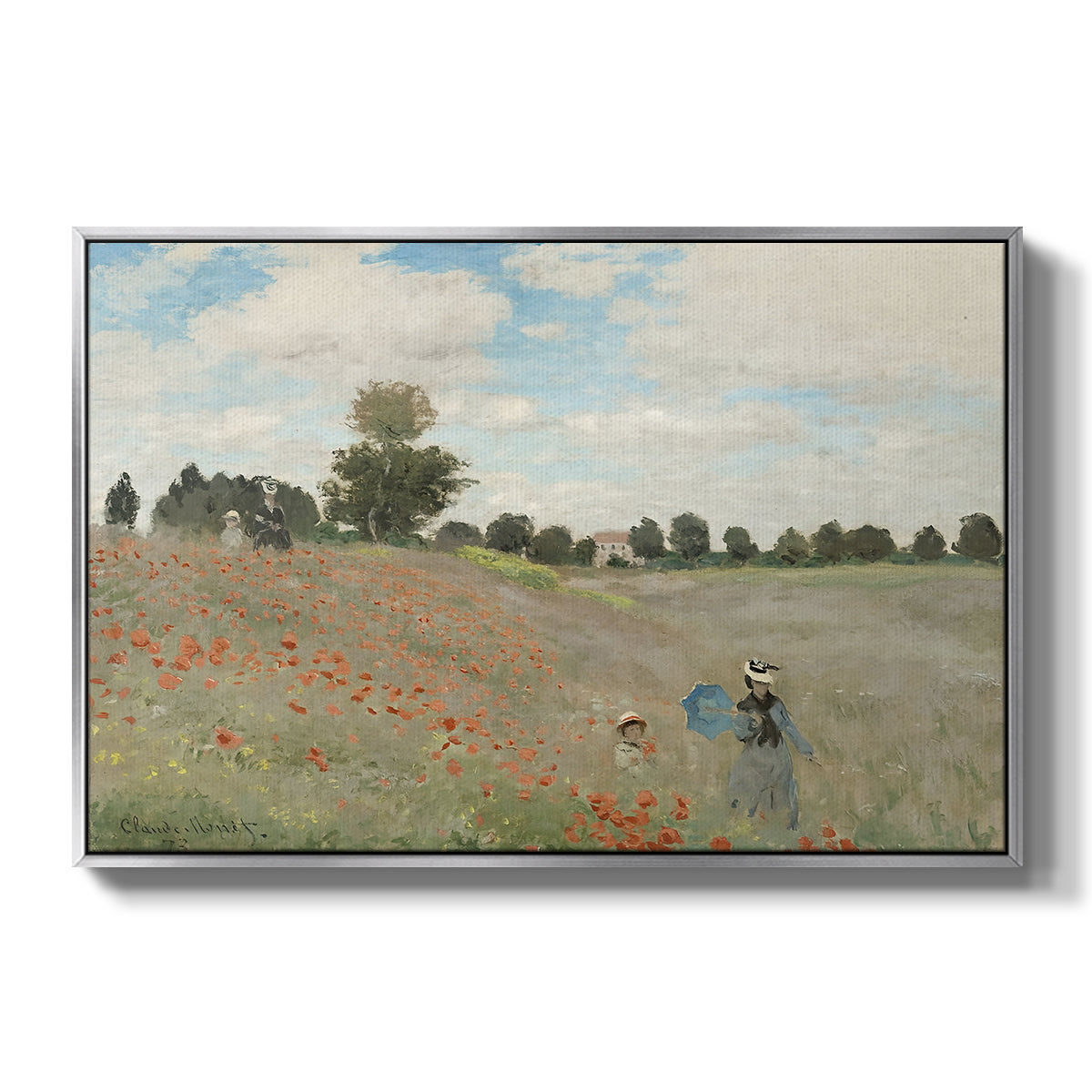 The Poppy Field near Argenteuil, 1873 by Claude Monet in a silver floater framed canvas wall art display.