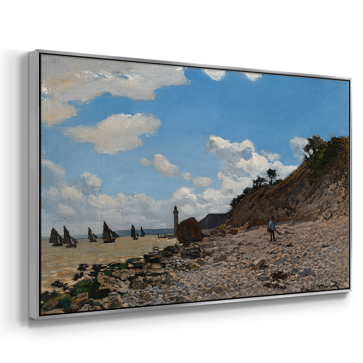 Angled view of The Beach at Honfleur, 1864 by Claude Monet in a silver floater framed canvas.