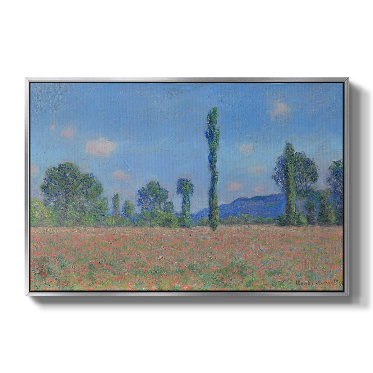 Poppy Field (Giverny), 1890-1891 by Claude Monet in a silver floater framed canvas wall art display.