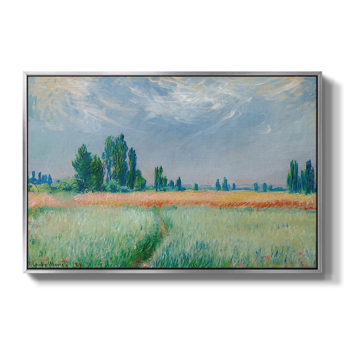 The Wheat Field (Champ de Blé), 1881 by Claude Monet in a silver floater framed canvas wall art display.