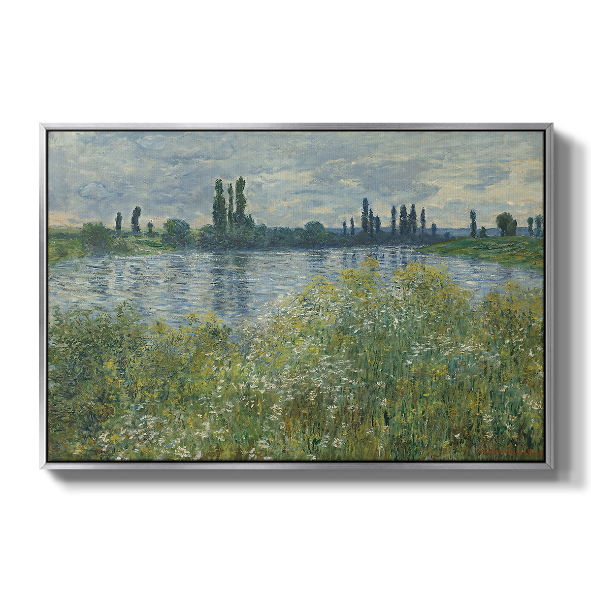 Banks of the Seine, Vétheuil, 1880 by Claude Monet in a silver floater framed canvas wall art display.