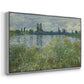 Angled view of Banks of the Seine, Vétheuil, 1880 by Claude Monet in a silver floater framed canvas.