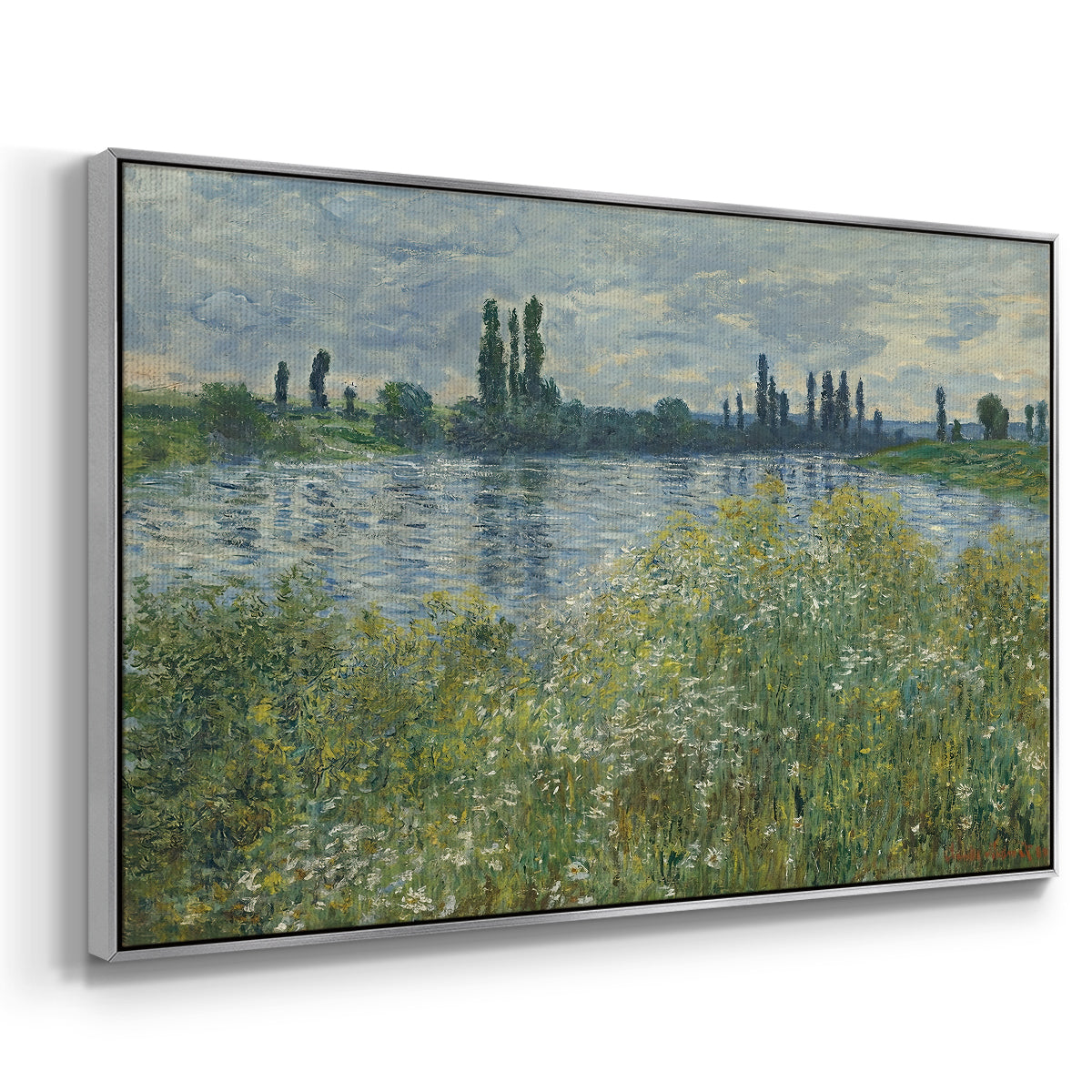 Angled view of Banks of the Seine, Vétheuil, 1880 by Claude Monet in a silver floater framed canvas.