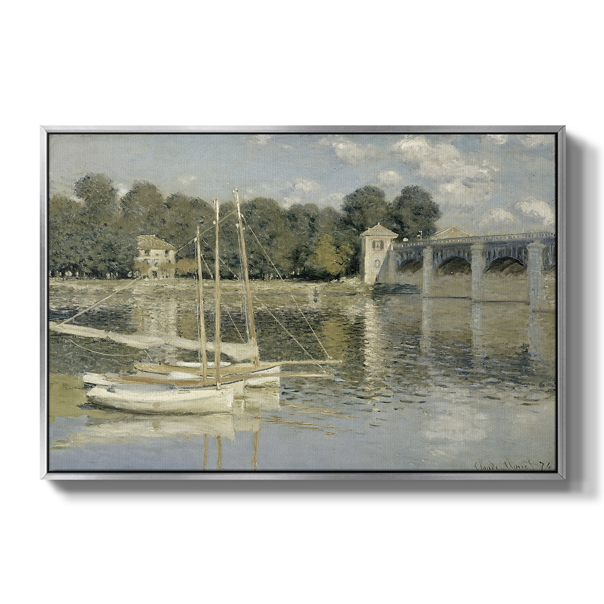 The Bridge at Argenteuil, 1874 by Claude Monet in a silver floater framed canvas wall art display.