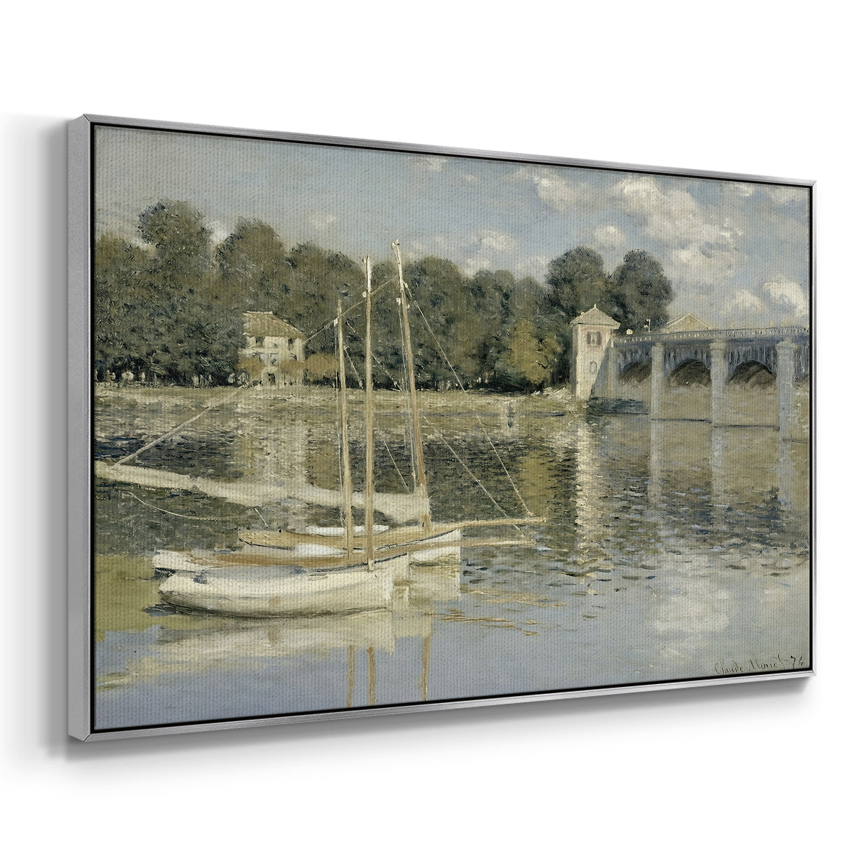 Angled view of The Bridge at Argenteuil, 1874 by Claude Monet in a silver floater framed canvas.