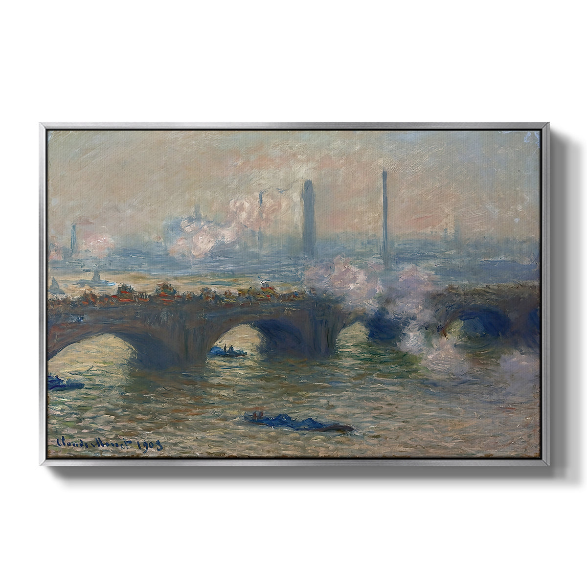 Waterloo Bridge, Gray Day, 1903 by Claude Monet in a silver floater framed canvas wall art display.