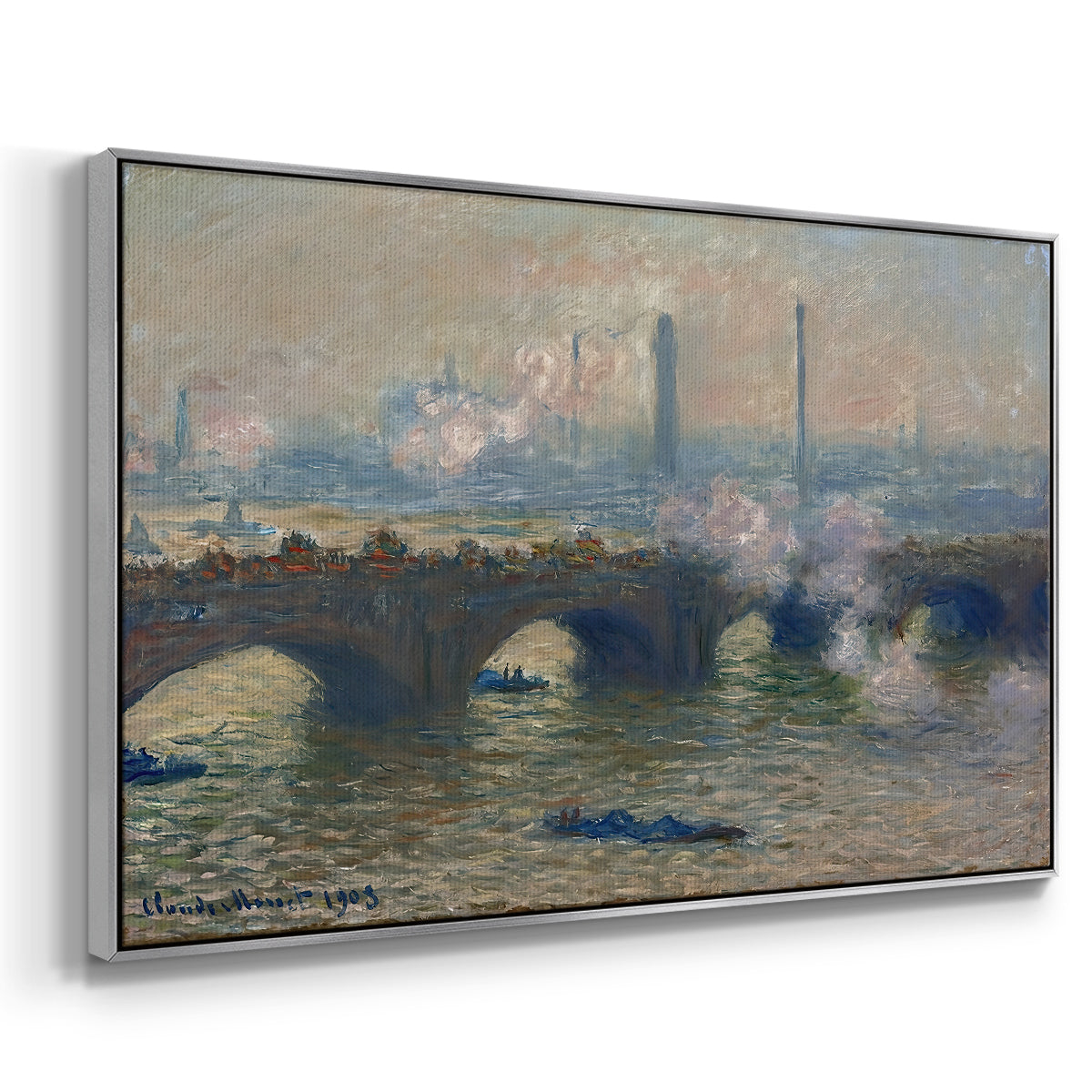 Angled view of Waterloo Bridge, Gray Day, 1903 by Claude Monet in a silver floater framed canvas.