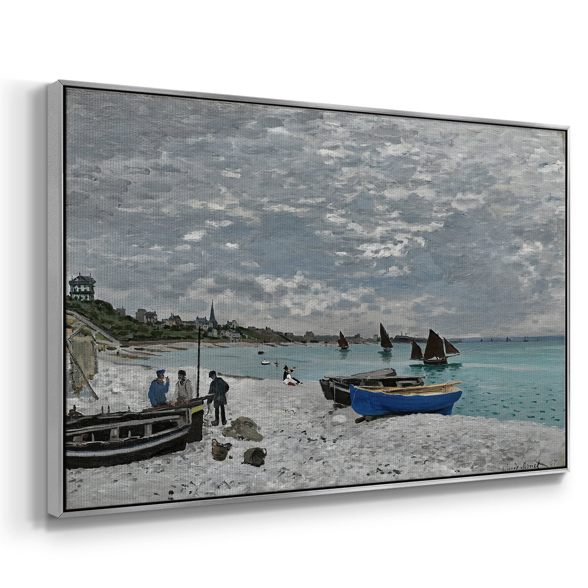 Angled view of The Beach at Sainte-Adresse, 1867 by Claude Monet in a silver floater framed canvas.