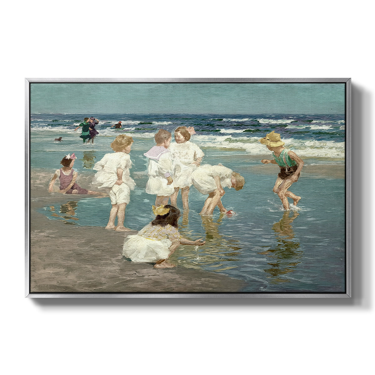 A Holiday, c. 1915 by Edward Henry Potthast in a silver floater framed canvas wall art display.