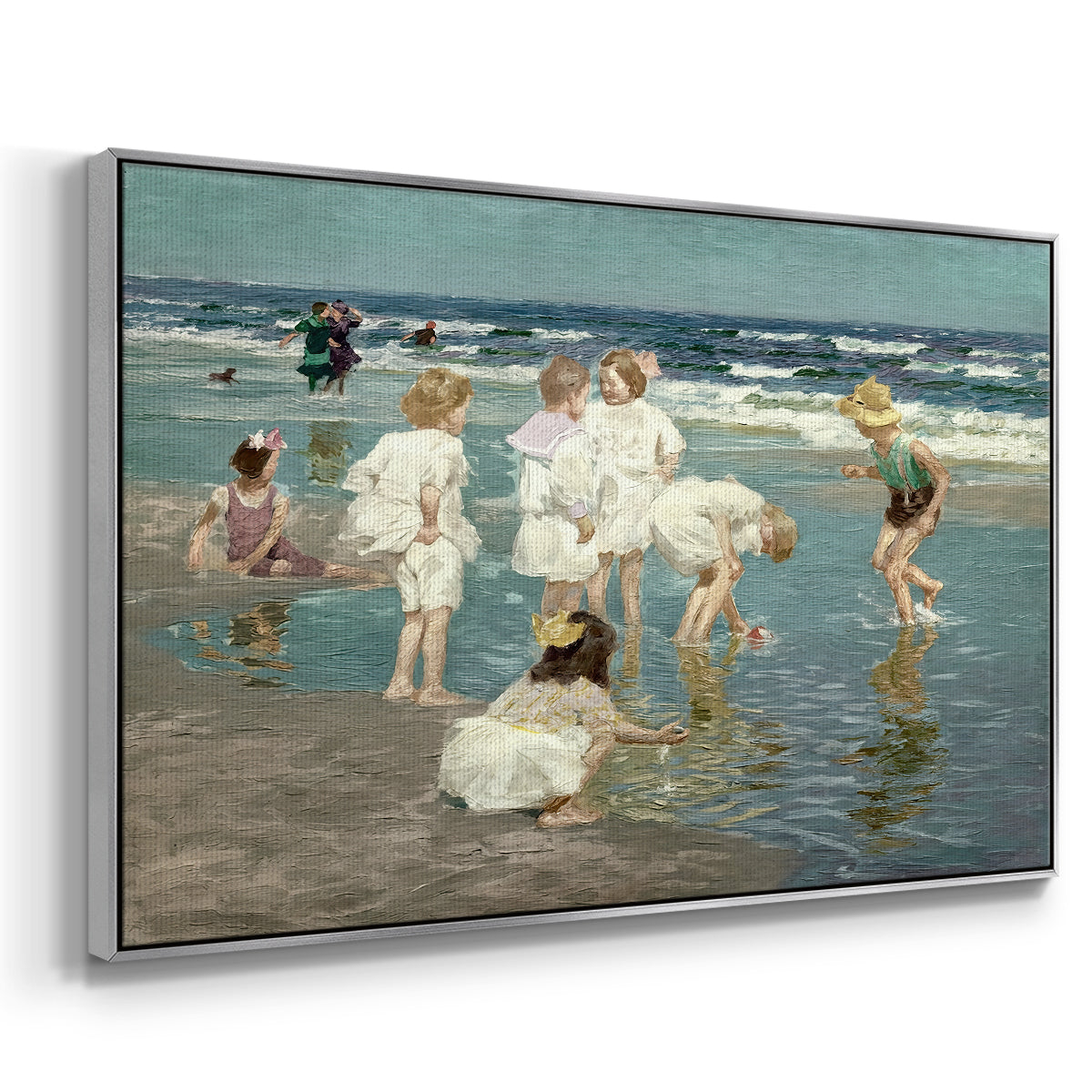 Angled view of A Holiday, c. 1915 by Edward Henry Potthast in a silver floater framed canvas.
