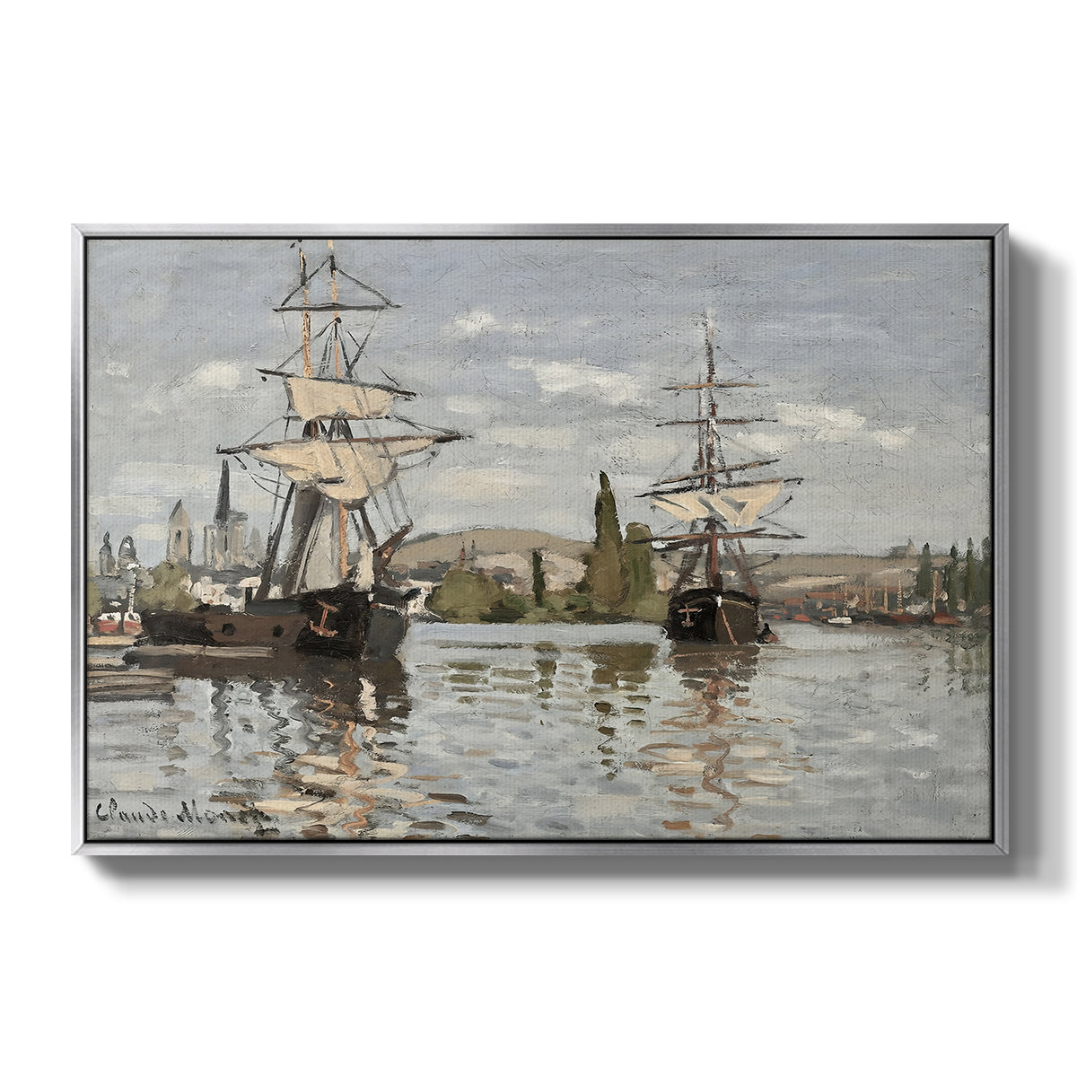 Ships Riding on the Seine at Rouen, 1872 by Claude Monet in a silver floater framed canvas wall art display.