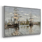 Angled view of Ships Riding on the Seine at Rouen, 1872 by Claude Monet in a silver floater framed canvas.