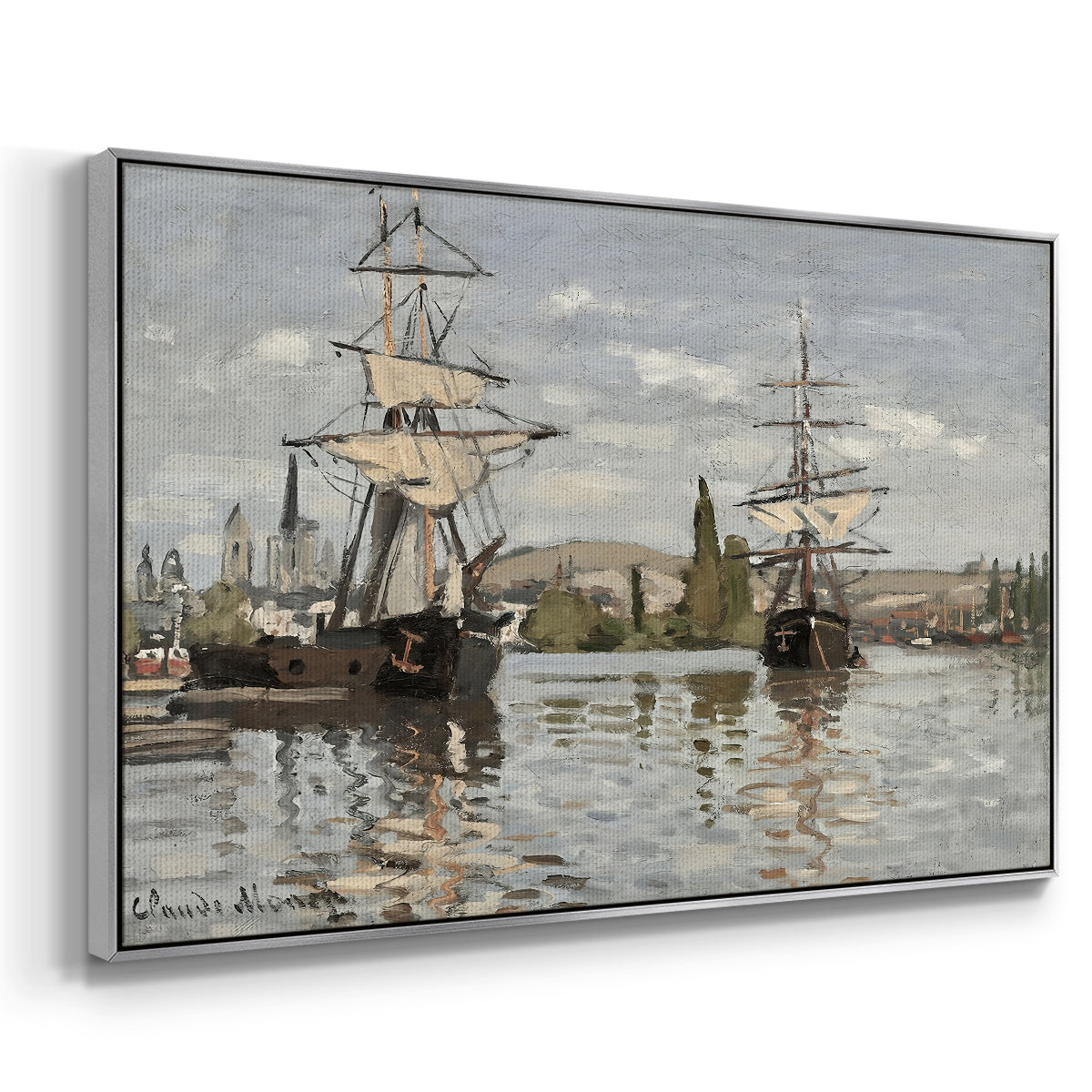 Angled view of Ships Riding on the Seine at Rouen, 1872 by Claude Monet in a silver floater framed canvas.