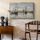 Ships Riding on the Seine at Rouen, 1872 by Claude Monet as a silver floater framed canvas featuring a harbor view with tall ships lining the waterfront in muted tones, styled above a mid-century console in a contemporary living area.
