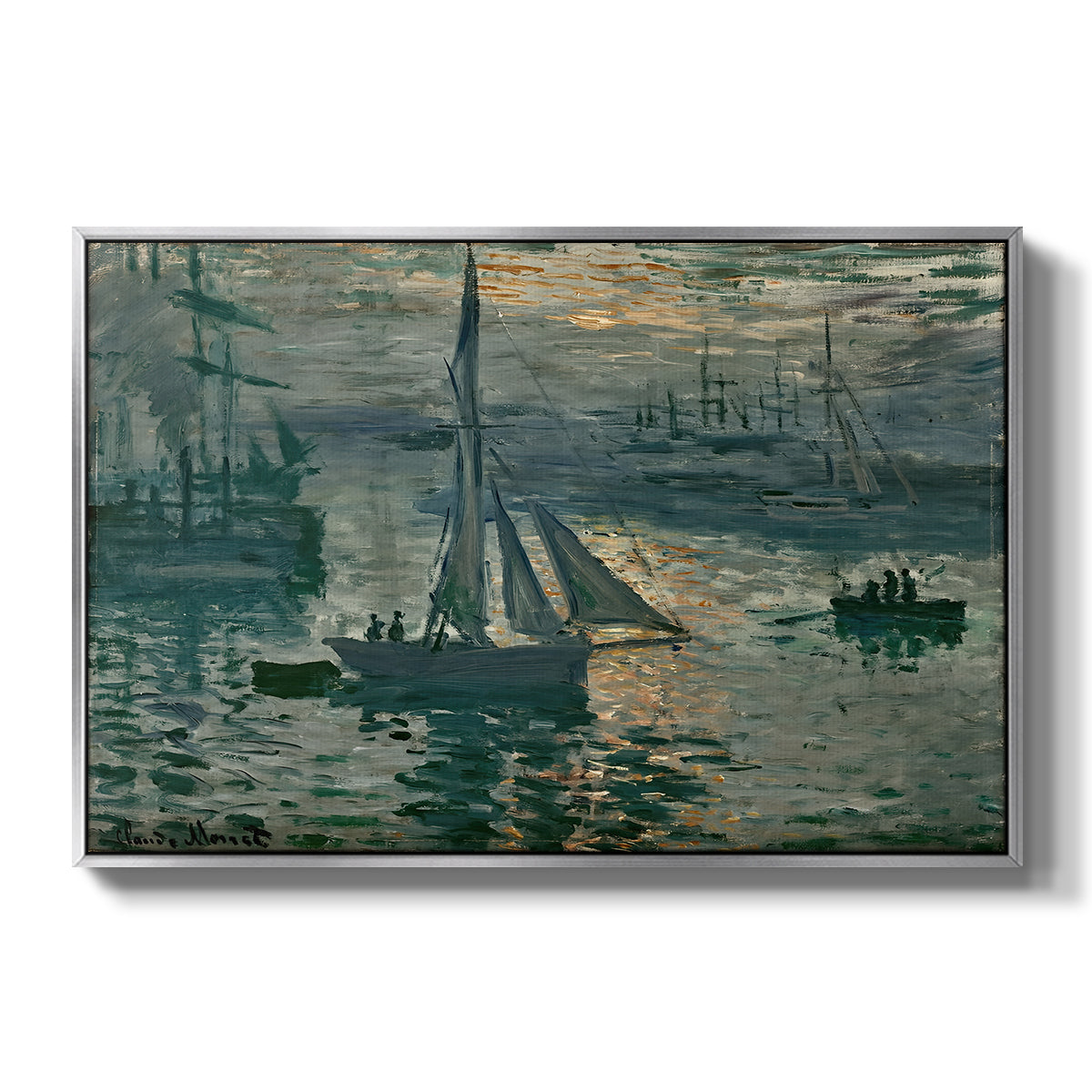 Sunrise (Marine), 1873 by Claude Monet in a silver floater framed canvas wall art display.