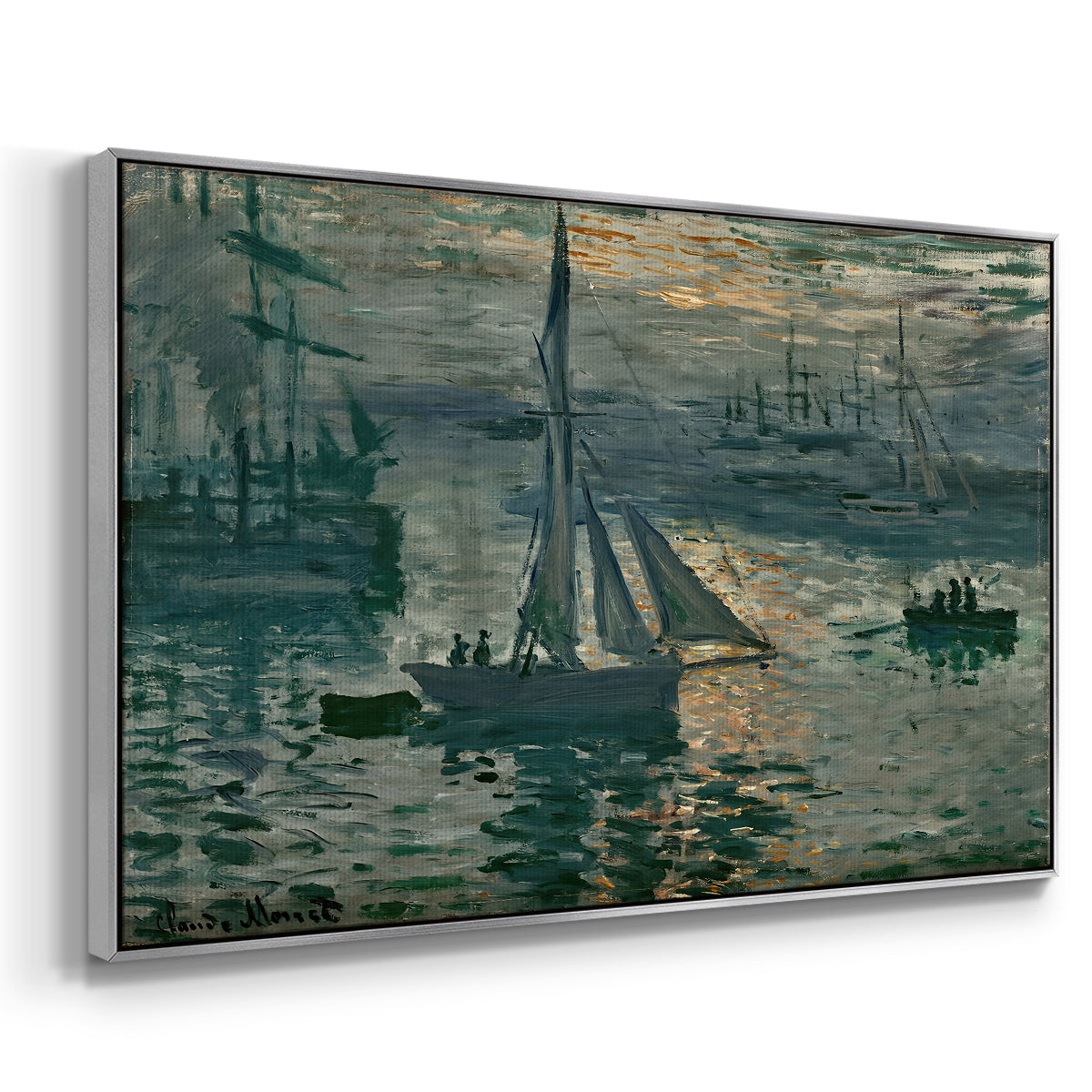 Angled view of Sunrise (Marine), 1873 by Claude Monet in a silver floater framed canvas.