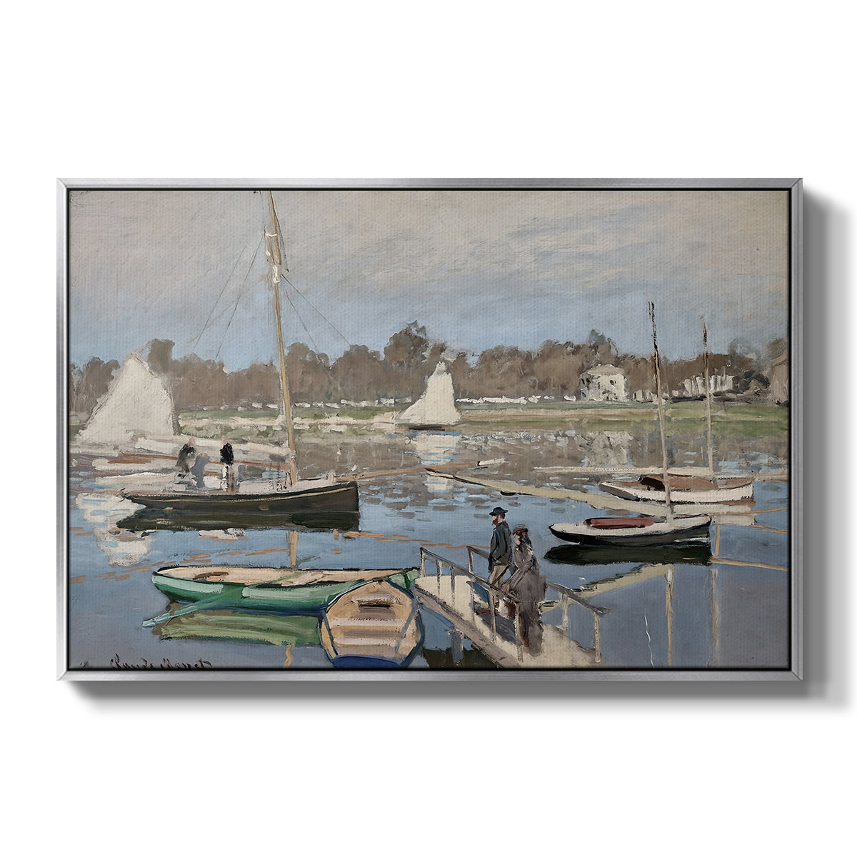 The Basin at Argenteuil, 1874 by Claude Monet in a silver floater framed canvas wall art display.