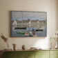 Silver floater framed canvas of The Basin at Argenteuil, 1874 by Claude Monet, featuring an impressionist boating scene with clustered masts and gentle ripples above a sideboard in a softly lit hallway.